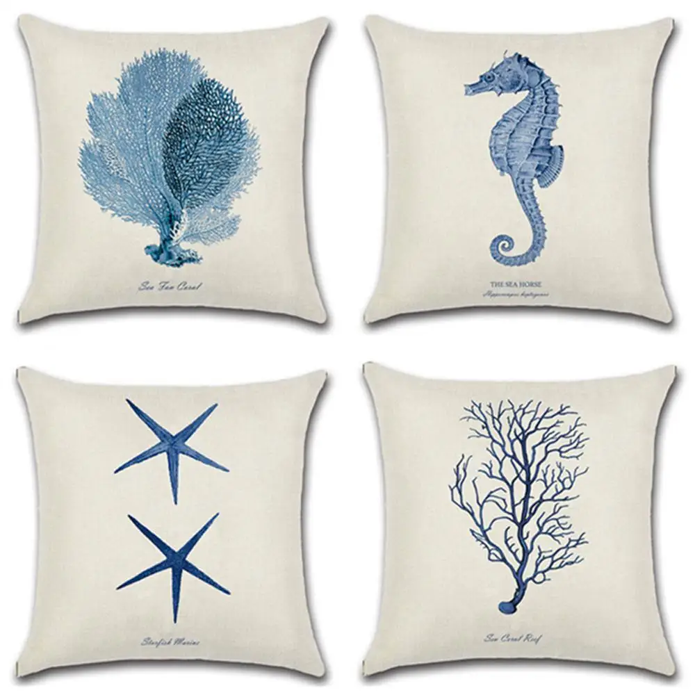 

Sea Horse Printed Pillowcase Cotton Linen Marine Throw Pillow Case Decorative Pillowcases Cover poszewka kussensloop ZT241