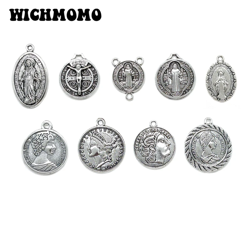 2025 New 10pcs 9 Styles Retro Plated  Zinc Alloy Big Religious Coin Pendants Connectors DIY Jewelry Accessories