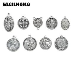 2025 New 10pcs 9 Styles Retro Plated  Zinc Alloy Big Religious Coin Pendants Connectors DIY Jewelry Accessories