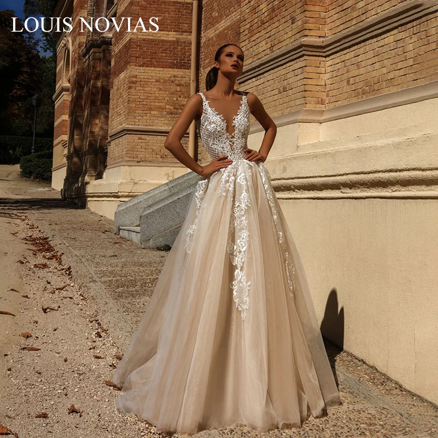 Louis Novias Chữ V Gợi Cảm Appliques Chữ A Áo Cưới Lãng Mạn Năm 2019 Hở Lưng Voan Áo Cưới Plus Size Đầm Vestido De Novia