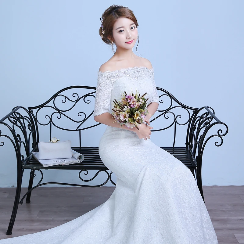 AnXin SH princess white flower mermaid vintage boat neck half sleeve trumpet court train bride customized wedding dress