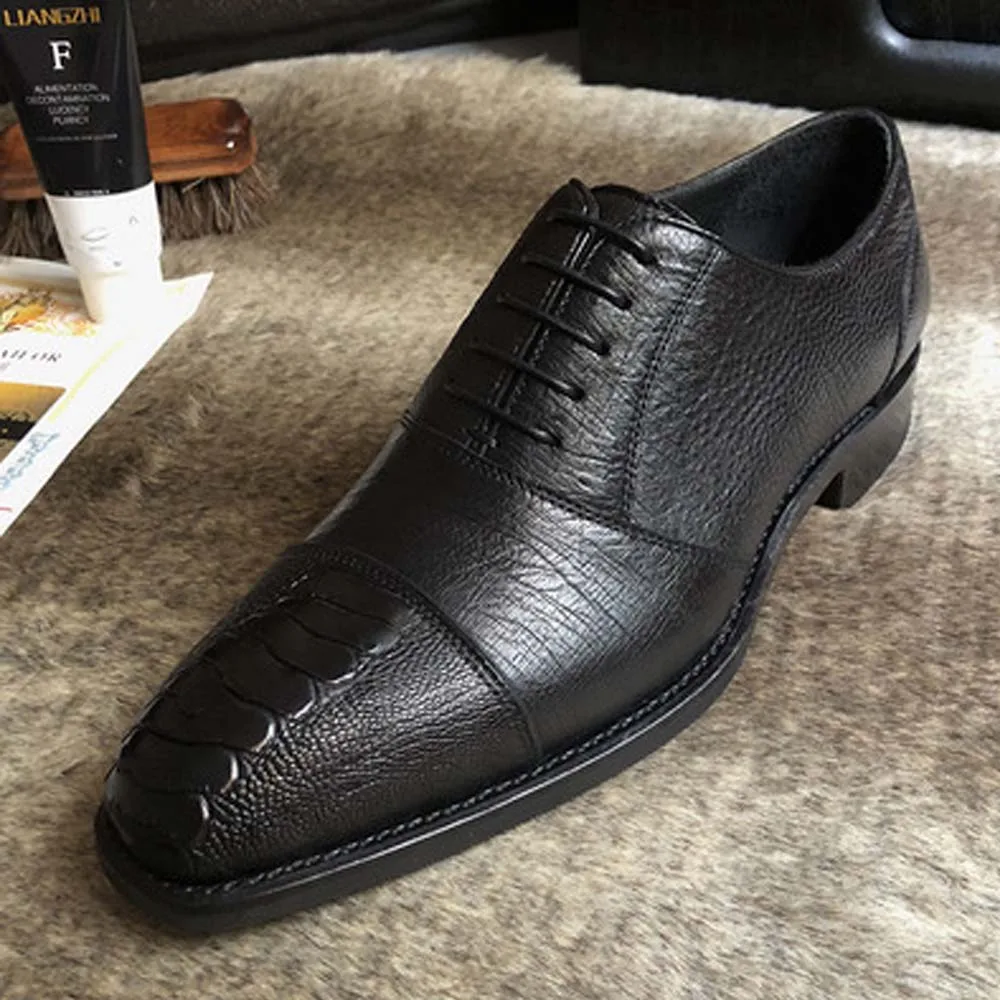 eyugaoduannanxie Ostrich skin  leather shoes manual  business affairs  men dress shoes real leather sole