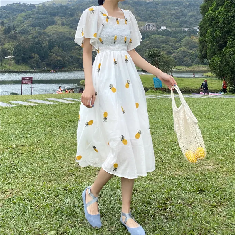 Vestido de manga corta para mujer, encantador estilo japonés, ajustado, estampado coreano, informal, universitario, moderno, drapeado, sencillo y elegante Ins