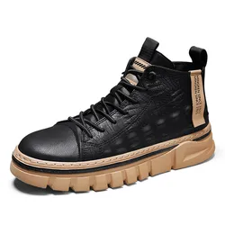 New  Boots Men Leather Autumn Winter Casual Shoes Motorcycle Lace Up Ankle Boots Man Platform Fashion Black Mid Top Boots