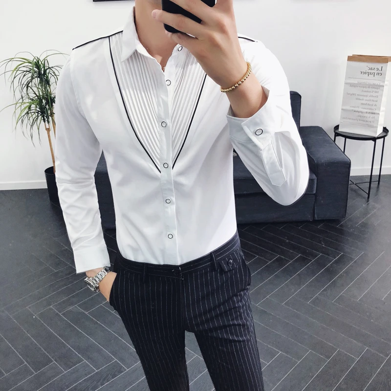 Designer Korean Fashion Shirt Contrast Piping V Shape Pleating Shirt Wedding Party Club Shirt Slim Fit Long Sleeve Button Down