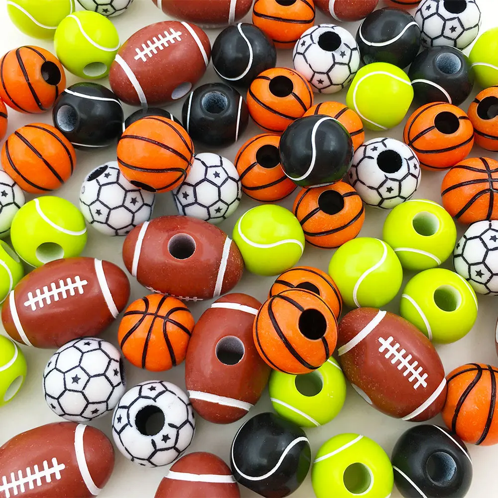 Perles acryliques faites à la main pour bijoux exécutifs, boule de sport, entretoise, baseball, volley-ball, rugby, tennis, basket-ball, nouveau, 50 pièces