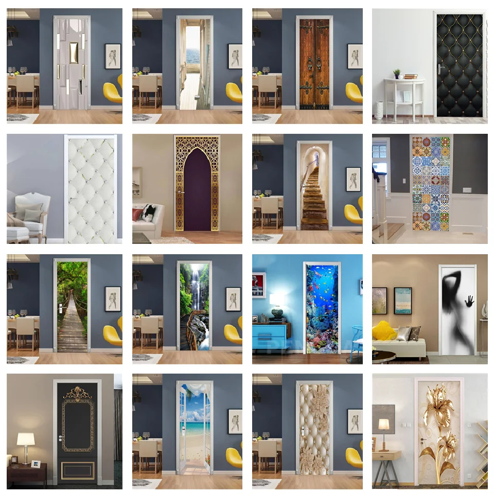 3D Modern Home Design Decor Wallpaper Door Sticker For Living Room Bedroom Decoration Adhesive Wall Decal Vinyl Removable Mural