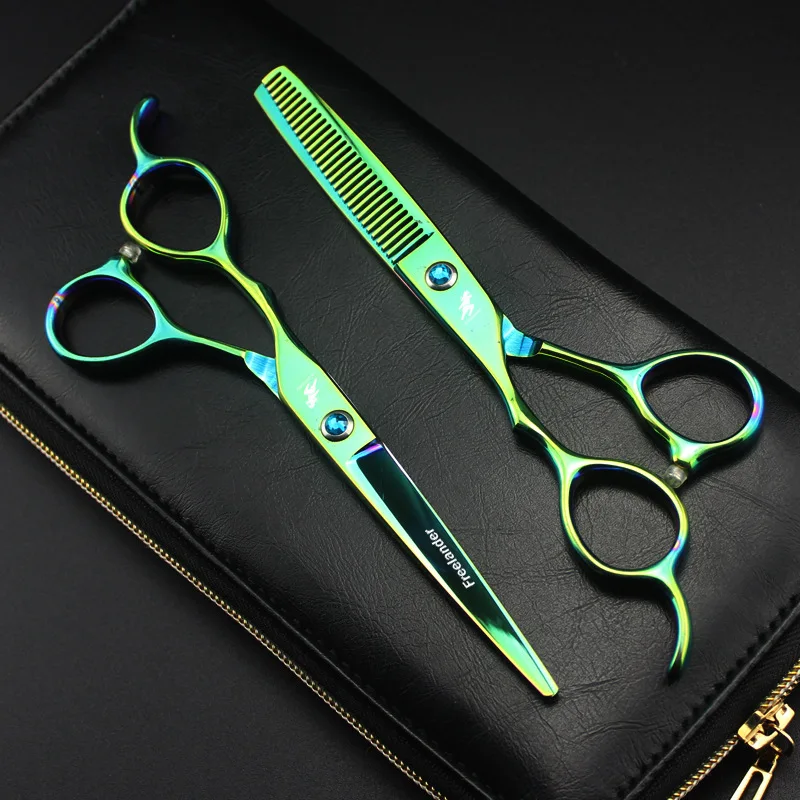 6 Inch left hand Cutting Thinning Styling Tool Hair Scissors lefty green Salon Hairdressing Shears Regular Flat Teeth Blades