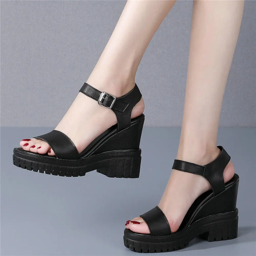 Back Strap Pumps Shoes Women Genuine Leather Wedges High Heel Gladiator Sandals Female Summer Platform Mary Janes Casual Shoes