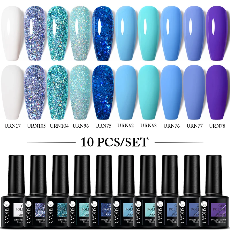 

UR SUGAR 8/10/12Pcs Blue Glitter Gel Nail Polish Set Semi Permanant Soak Off UV Led Gel Varnishes For Manicure Nail Gel