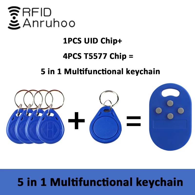 Llavero con Chip inteligente 5 en 1, insignia de copia regrabable RFID, 125Khz, etiqueta clonada T5577, 13,56 Mhz, NFC, pegatina de ficha de tarjeta