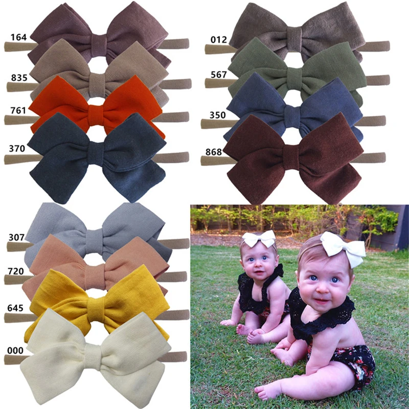 4 PCS Cute Baby Kids Girls Cotton Linen Bows Nylon Headbands Hair Bow Elastic Hair Bands Hairbands Headwear Hair Accessories