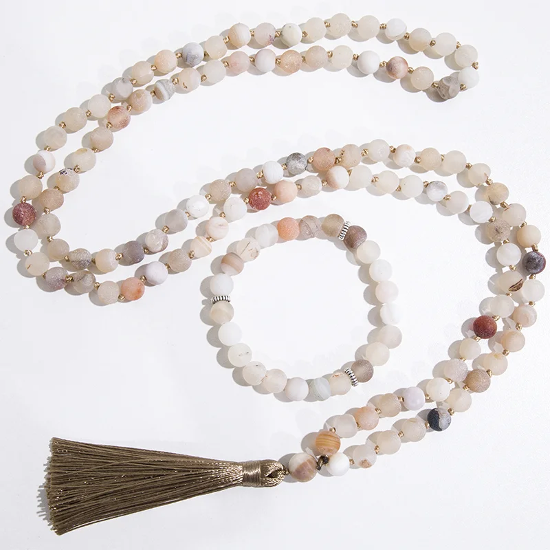 8mm Natural Open Smile Agate Beaded Knotted 108 Japamala Necklace Meditation Yoga Bracelet Jewelry Mala Tibetan Rosary Set