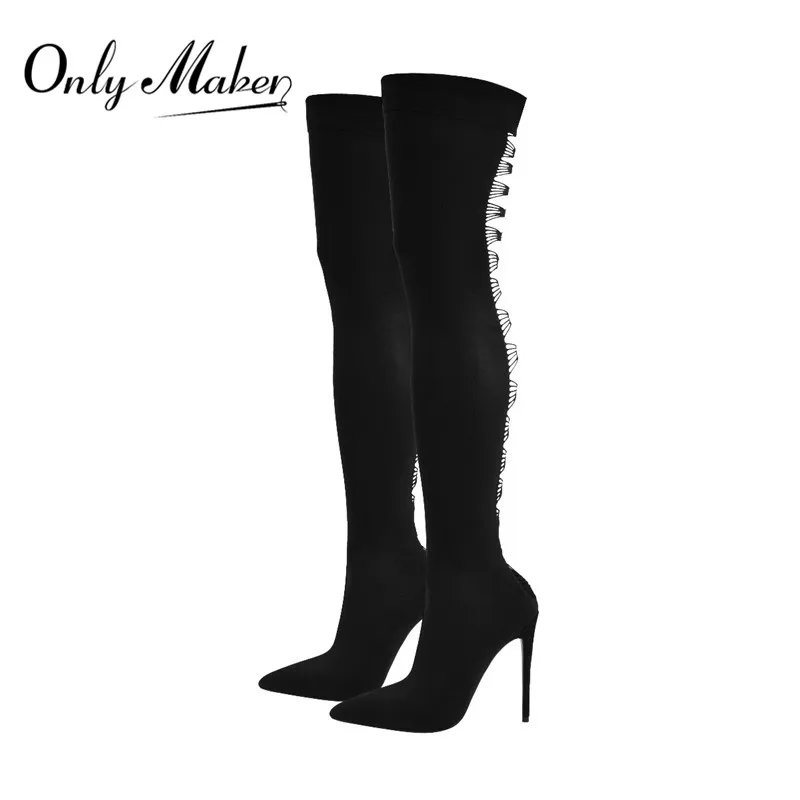 Onlymaker Women\'s Boots Pointed Toe Black Over The Knee Thigh High Stiletto Stretch Sock Sexy Fashion Stocking Sexy Long Boots