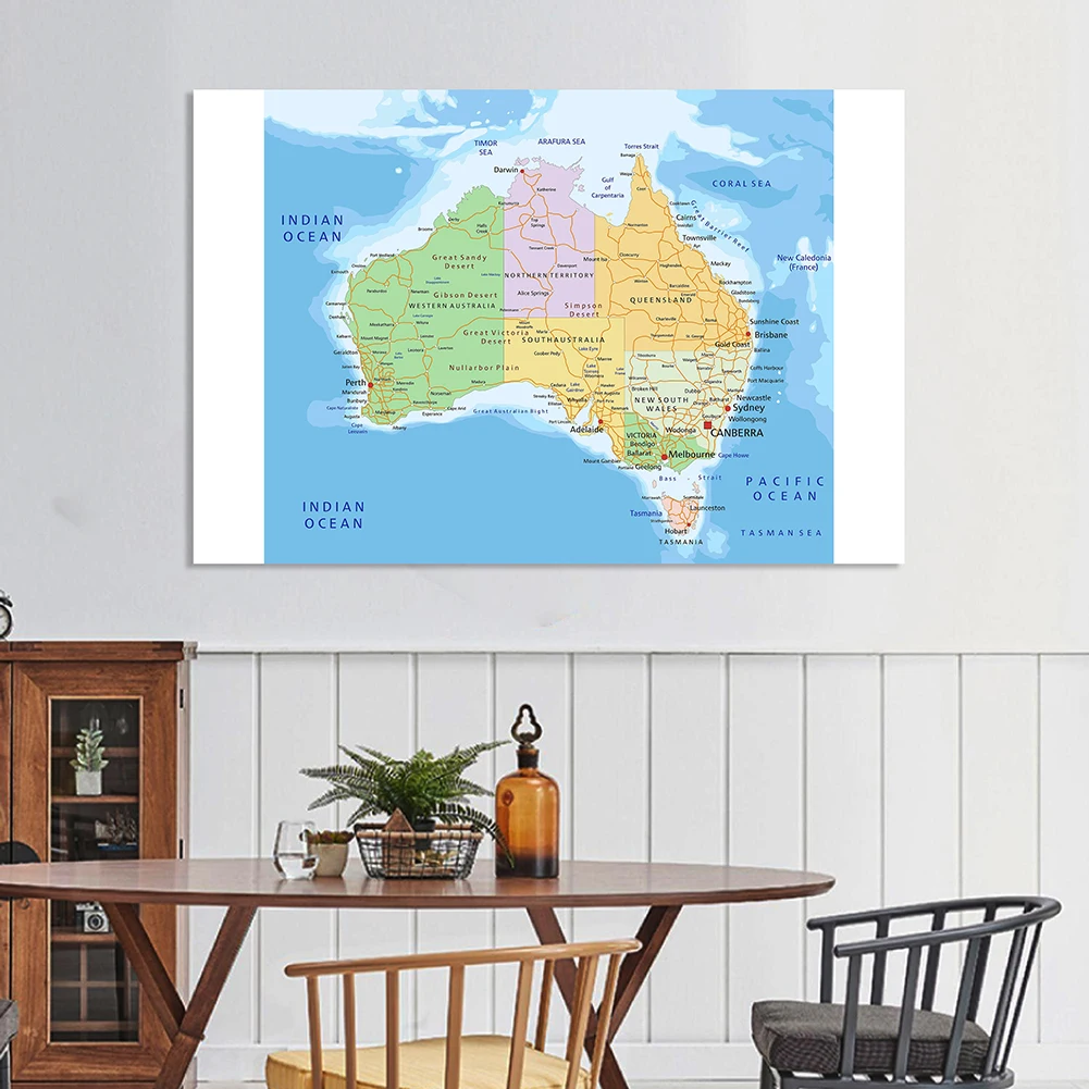 Póster de pared de Australia para decoración del hogar, lienzo no tejido, mapa de ruta política y de tráfico, suministros escolares, 150x100cm