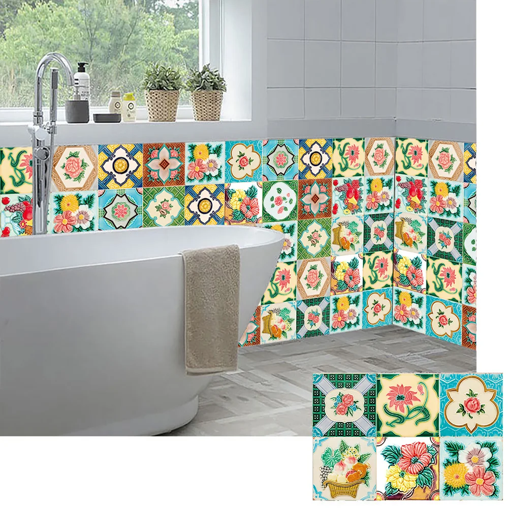 Colorful Flowers Pattern Strip Tiles Floor Wall Sticker Kitchen Furniture Renovation Decor Wallpaper Peel & Stick PVC Art Mural