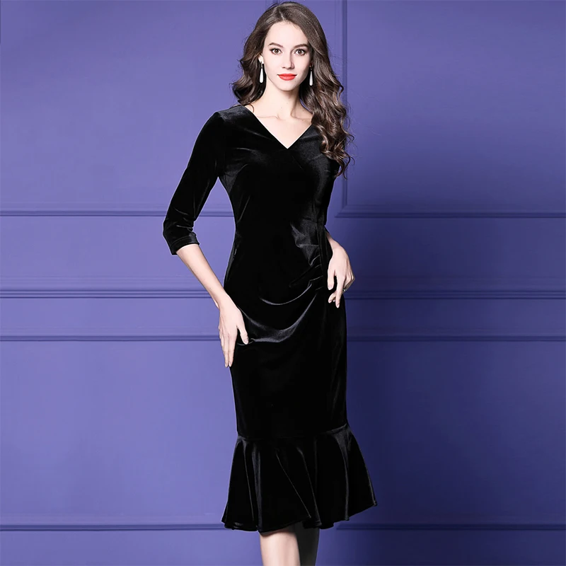 HANZANGL Brand plus size Women Fat mm velvet Dresses 2023 Female long section Mermaid Dress M~4XL Free shipping