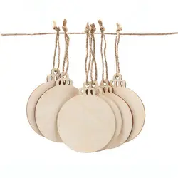 50pcs DIY Craft Wooden Round Bauble with 50pcs Twines to Paint, Unfinished Christmas Hanging Ornaments Natural Blank Wood Discs