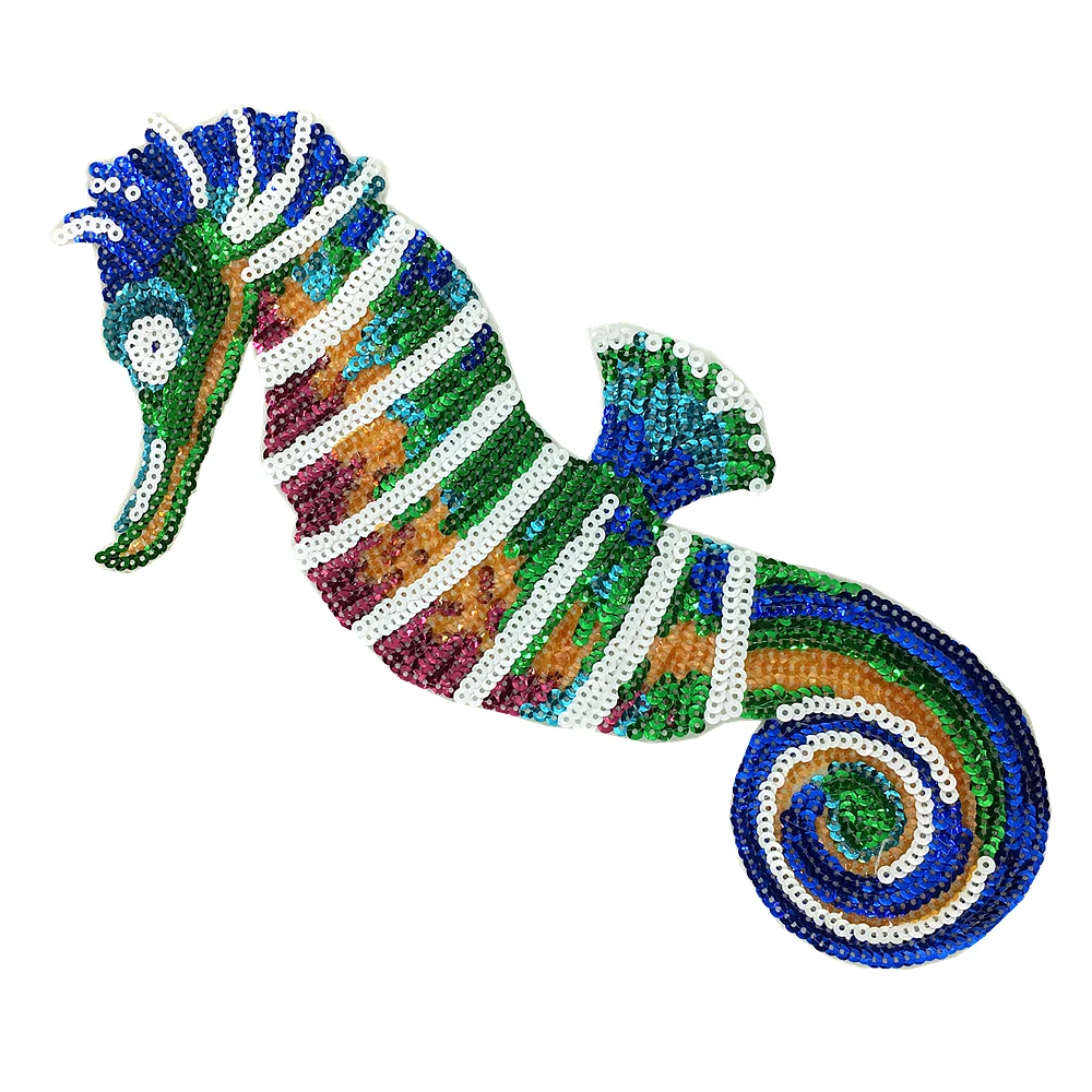 4pc Seahorse Embroidered Patch Hippocampus Sequin Applique Marine Fish Patches For Jeans Bags Appliques Parches AC1510