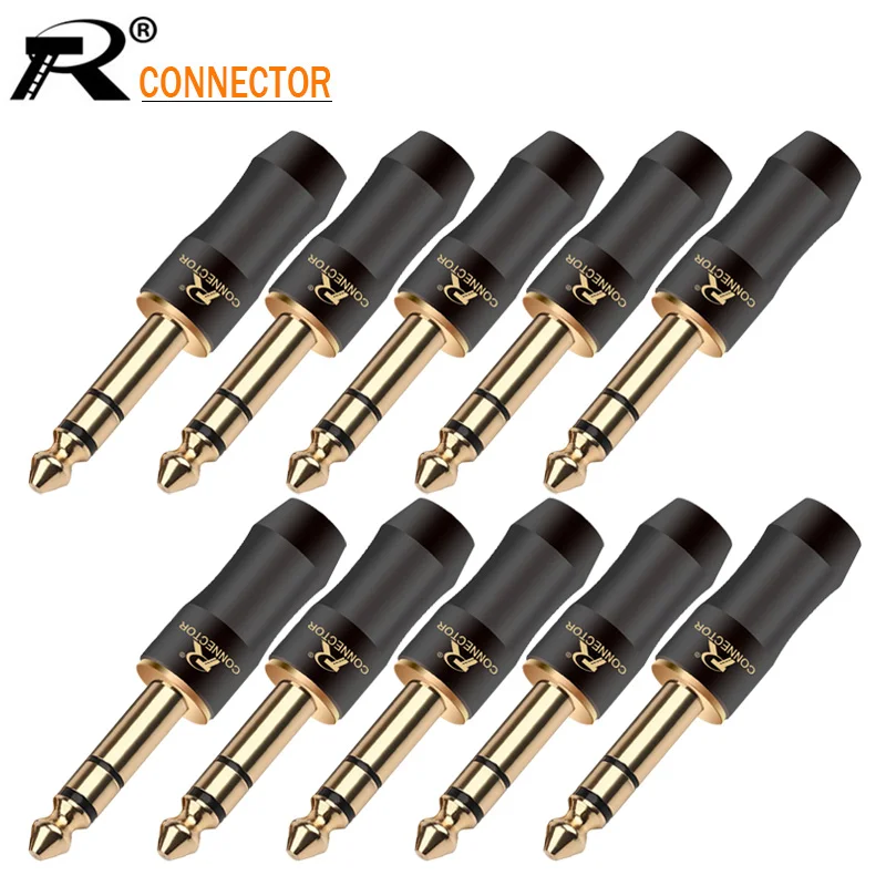 10pcs 24K Gold-plated 1/8\'\' Stereo 6.35mm Jack Assembly Microphone Connector R Brand New Design Copper Wire Connector Black