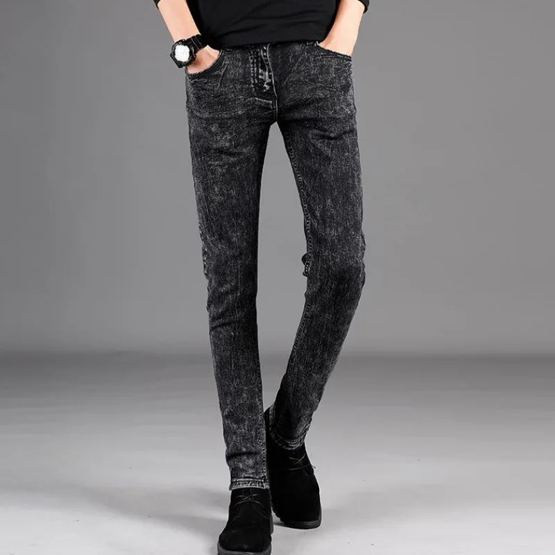 Men's Denim jeans autumn winter models plus velvet thick gray slim stretch cotton trousers small feet Korean style trendy men