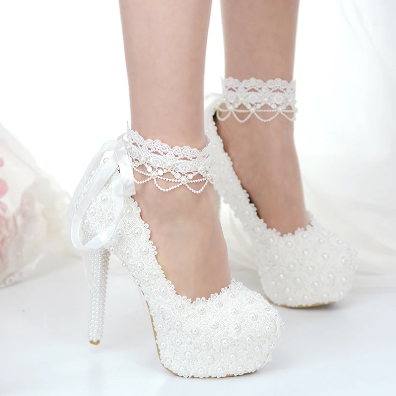 

2021 spring female white lace wedding stiletto heels adult gift large size female banquet dress bride pearl wedding shoes women