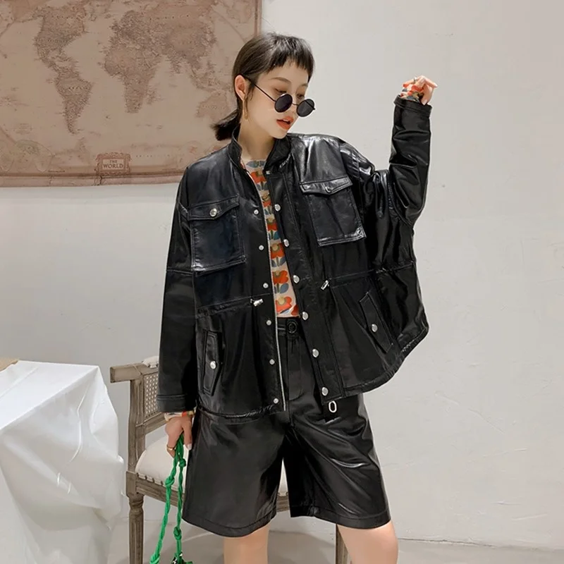 New Autumn Women Genuine Leather Jacket Pockets Casual Loose Batwing Sleeve Oversized Outwear Drawstring Waist Sheepskin Jacket