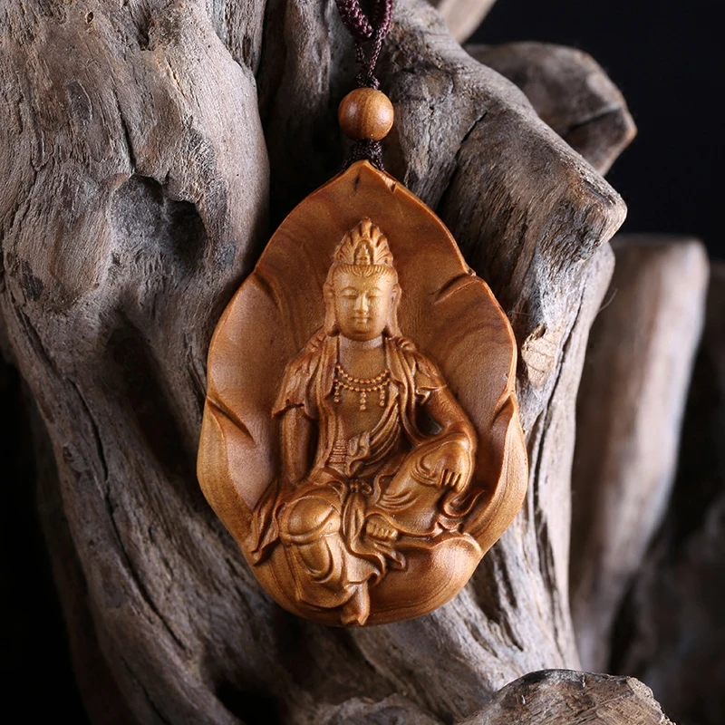 Hand-Carved Australian Sandalwood Guanyin Pendant, Elegant Buddha and Bodhisattva Necklace with Peace Charm