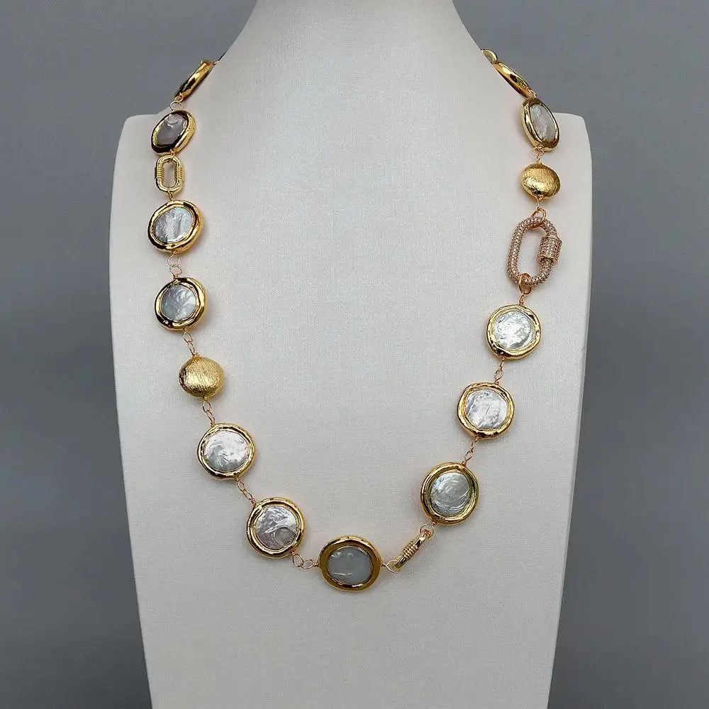 YYGEM Natural Freshwater Cultured White Coin Pearl Electroplated Edge Wrap Necklace 24