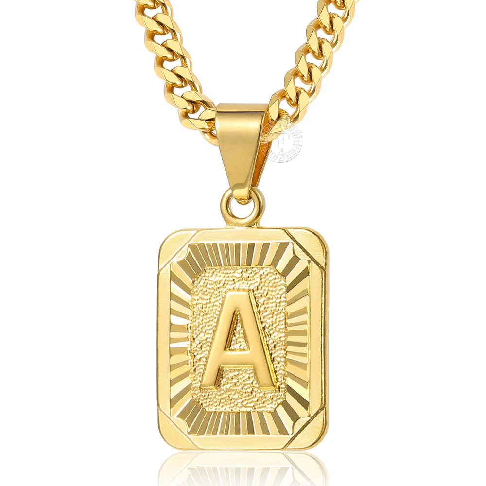 Womens Mens Necklace Stainless Steel Gold Color Curb Cuban Link Chain Square Letter Pendant Necklace for Men Dropship LGP57_B