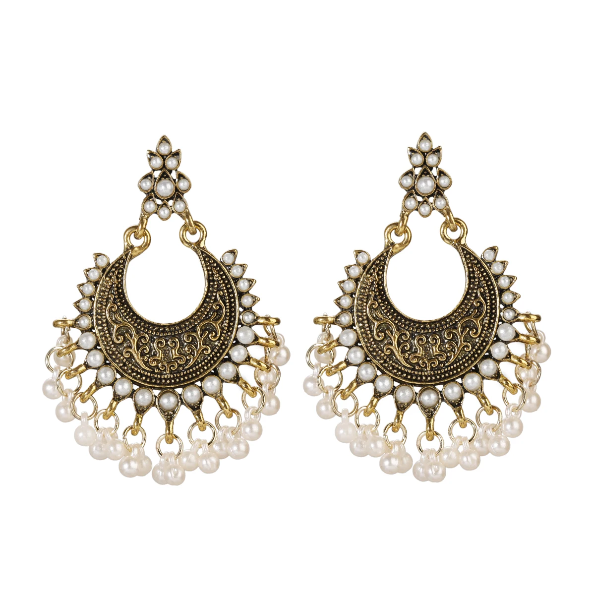 Luxury Retro Big Sector Carved Indian Earrings Fro Women Piercing Ethnic Bollywood Pearl Tassel Earrings