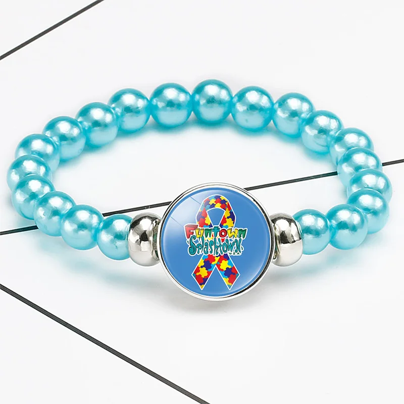 10PC Funtown Splashtown Autism Hand Awareness Ribbon Charm Beaded Bracelet 18mm Snap Buttons Girl Women Bead bracelets Jewelry