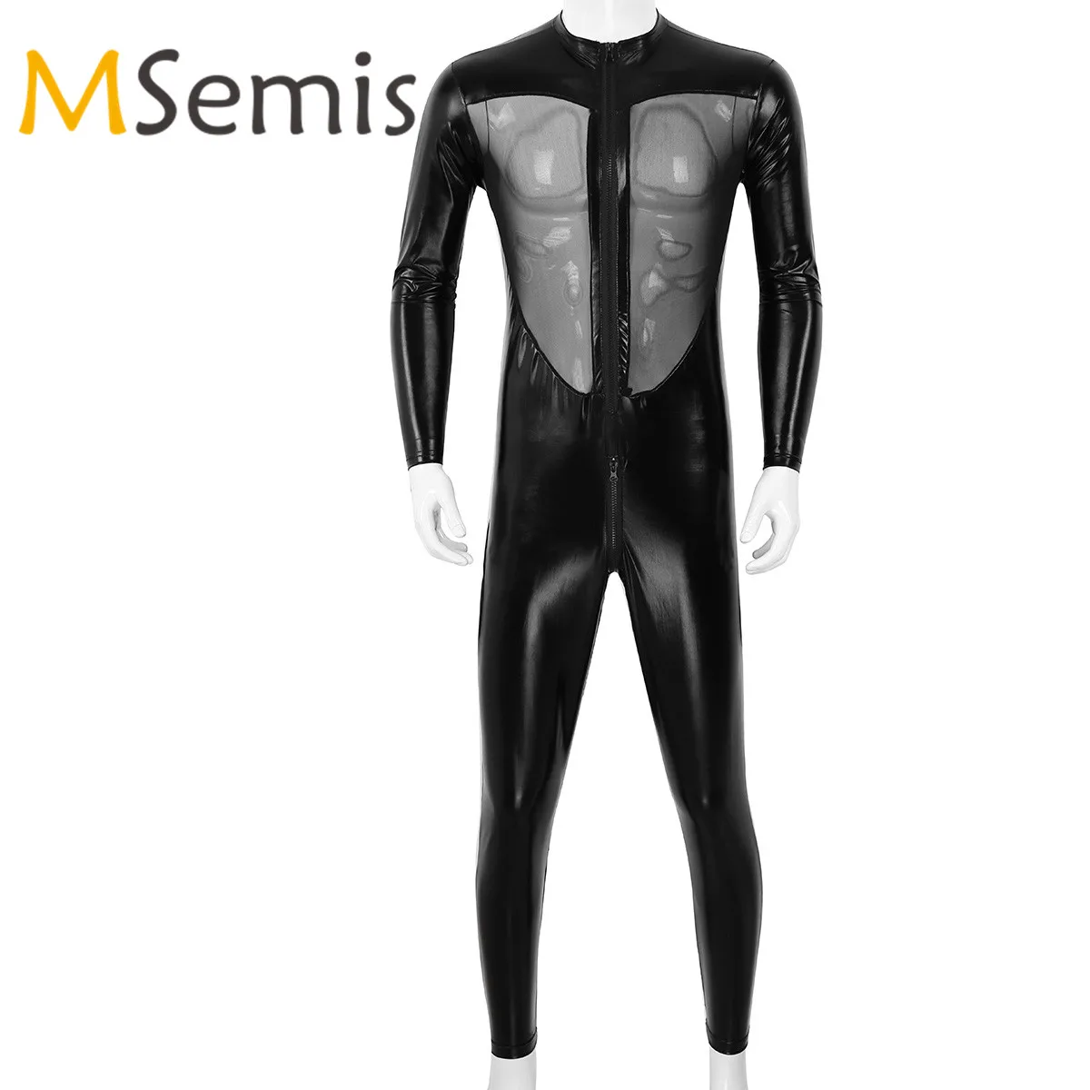 Mens Women Latex Full Body Bodysuit Gymnastics Leotard Costumes Wet Look PVC Leather Mesh Splice Male Lingerie Tight Bodysuit