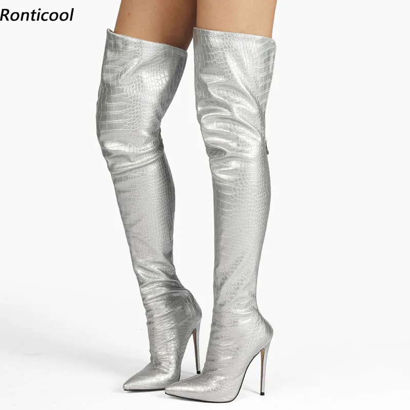 

Ronticool 2021 Women Winter Over The Knee Boots Back Zipper Stiletto Heels Pointed Toe Silver Blue White Party Shoes Size 5-15