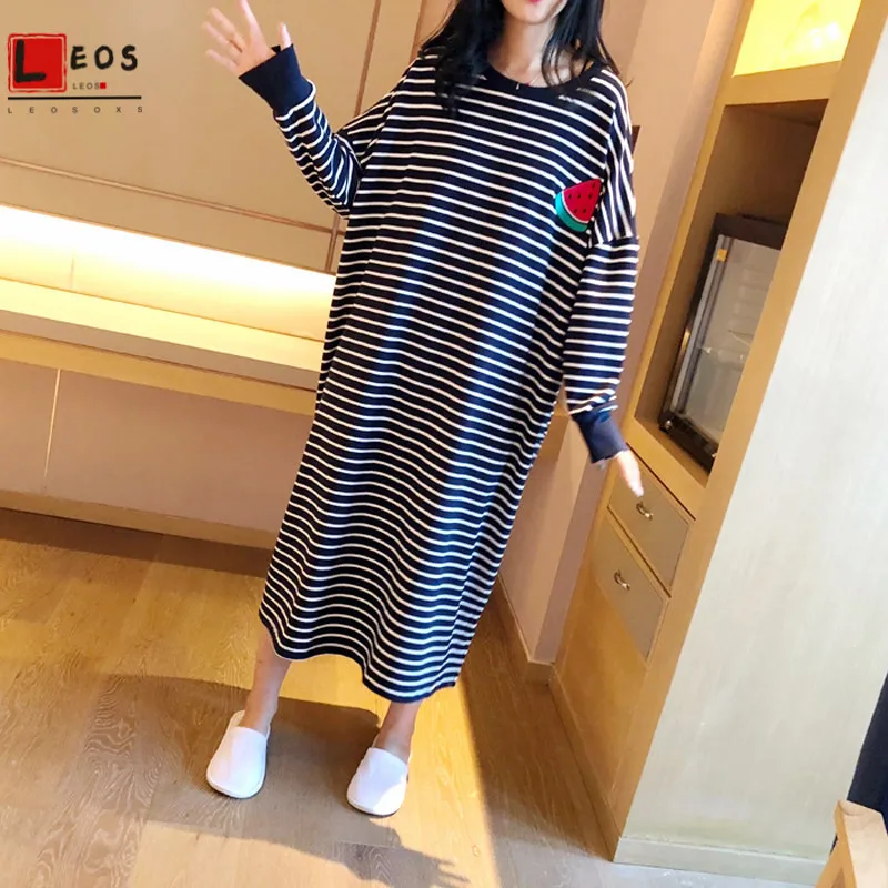 Women Sleepwear Stripe Fruit Print Nightdress For Lady Homewear Summer Loose Plus Long Dress Long Sleeve Fashion Female Clothes