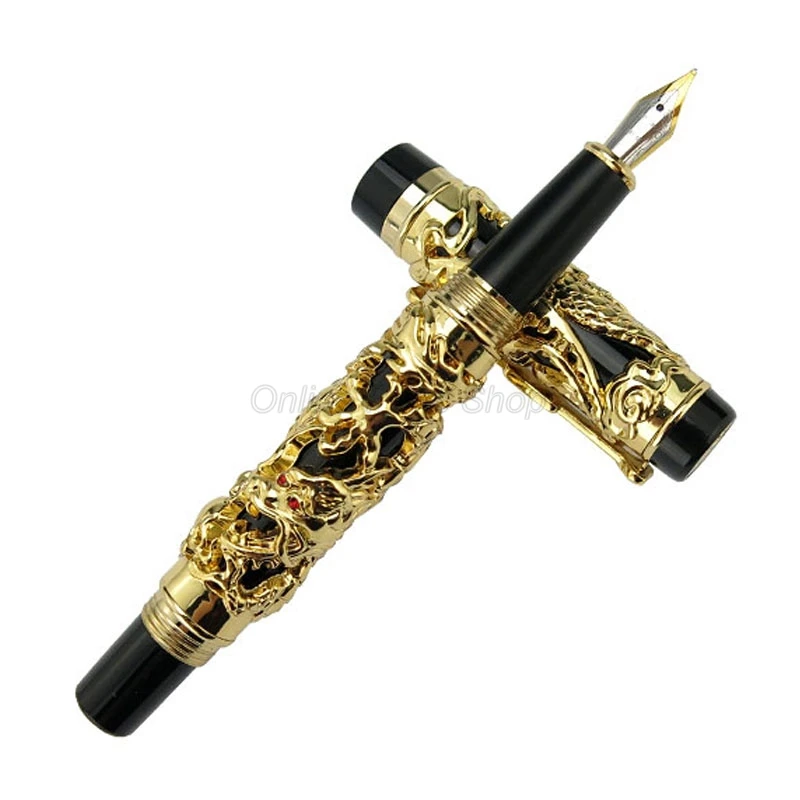 Jinhao Luxury Dragon Phoenix Fountain Pen, Metal Carving Embossing Heavy Pen, Golden & Black For Business Gift Pen