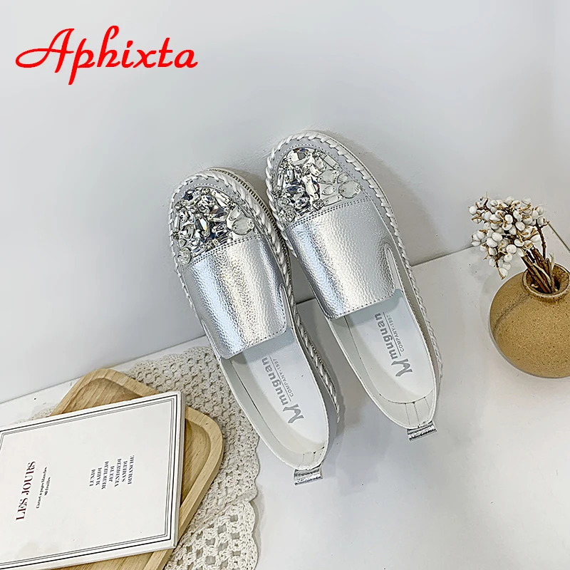 Aphixta Crystals Round Toe Leather Flats Shoes Women Silver Bling Loafers Couple Platform Shoes Woman Flat With Students Size 43