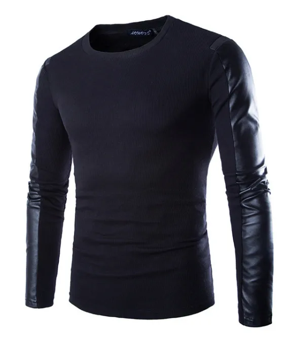 

New Design PU Leather Patchwork Long Sleeve Tshirt Men Round Collar Pullover Europe and America Slim Black TShirts Male Top Tees