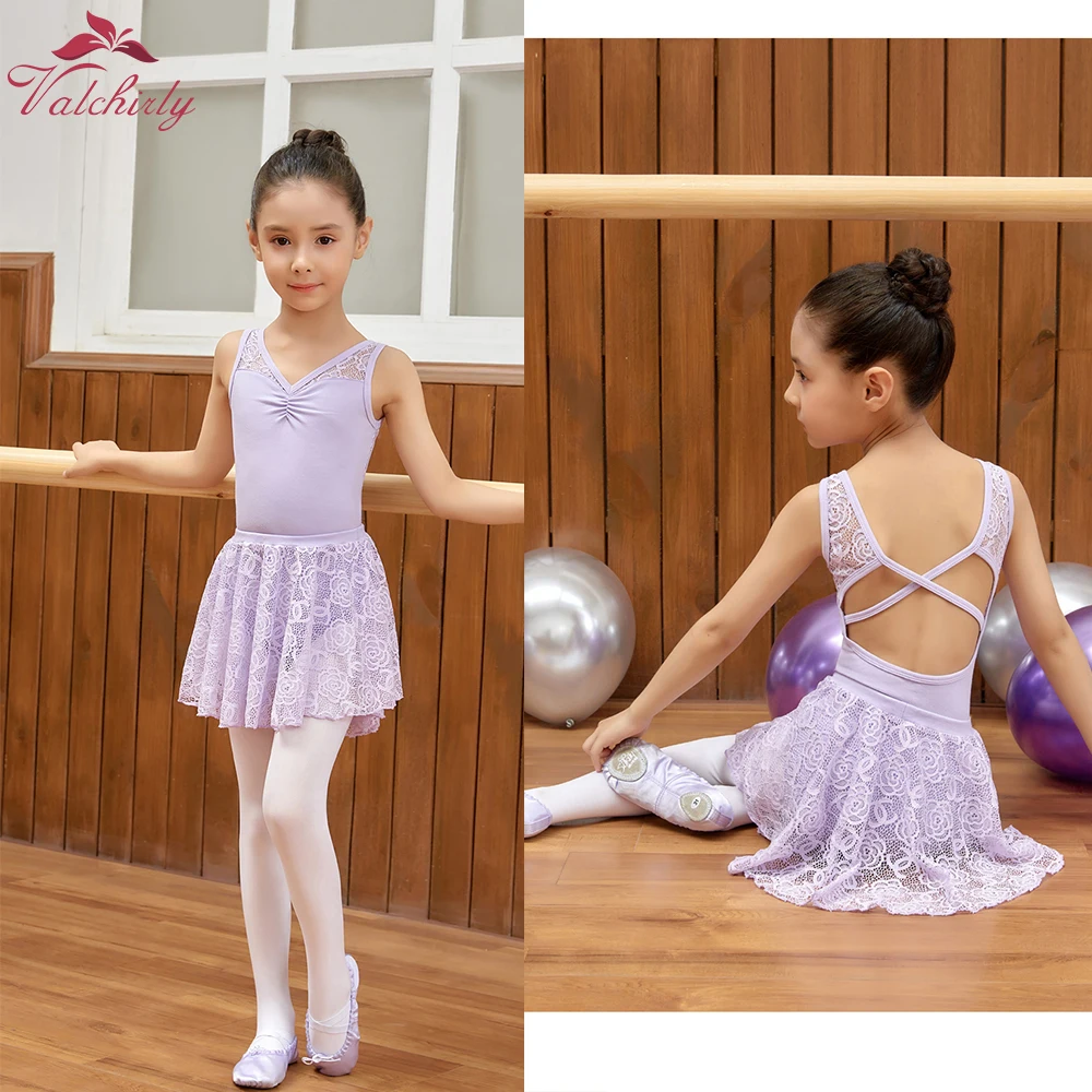 New Girls Ballerina Ballet Dance Costume Kids Flower Lace Dancewear Leotard with Skirt Pink Black Purple Colors