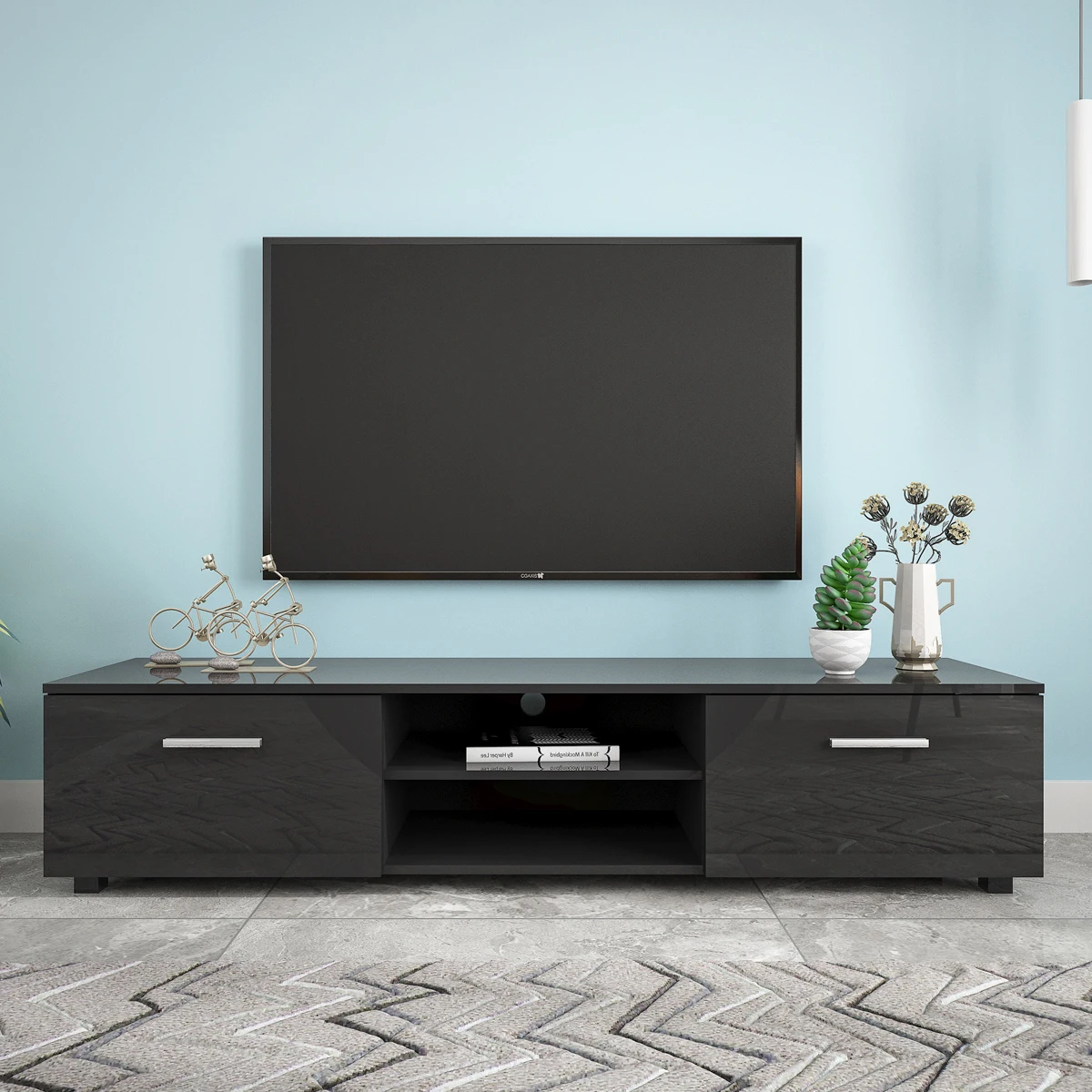 3 Colors 63x16x14Inch TV Cabinet Stand Media Console Entertainment Center Television Table with 2 Storage Open Shelves[US-W]