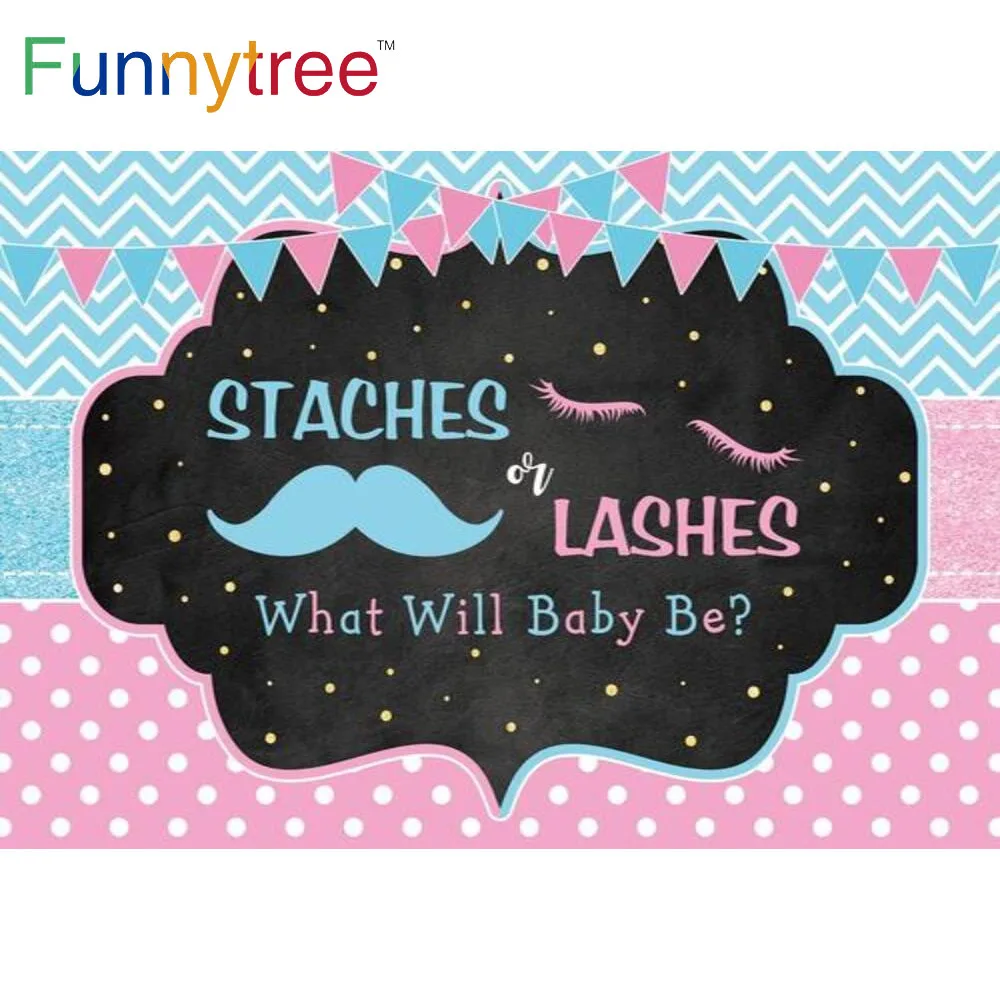 Funnytree Staches or Lashes What Will Baby Be Gender Reveal Backdrop Boy Girl Party Dots Banner Baby Shower Photocall Background