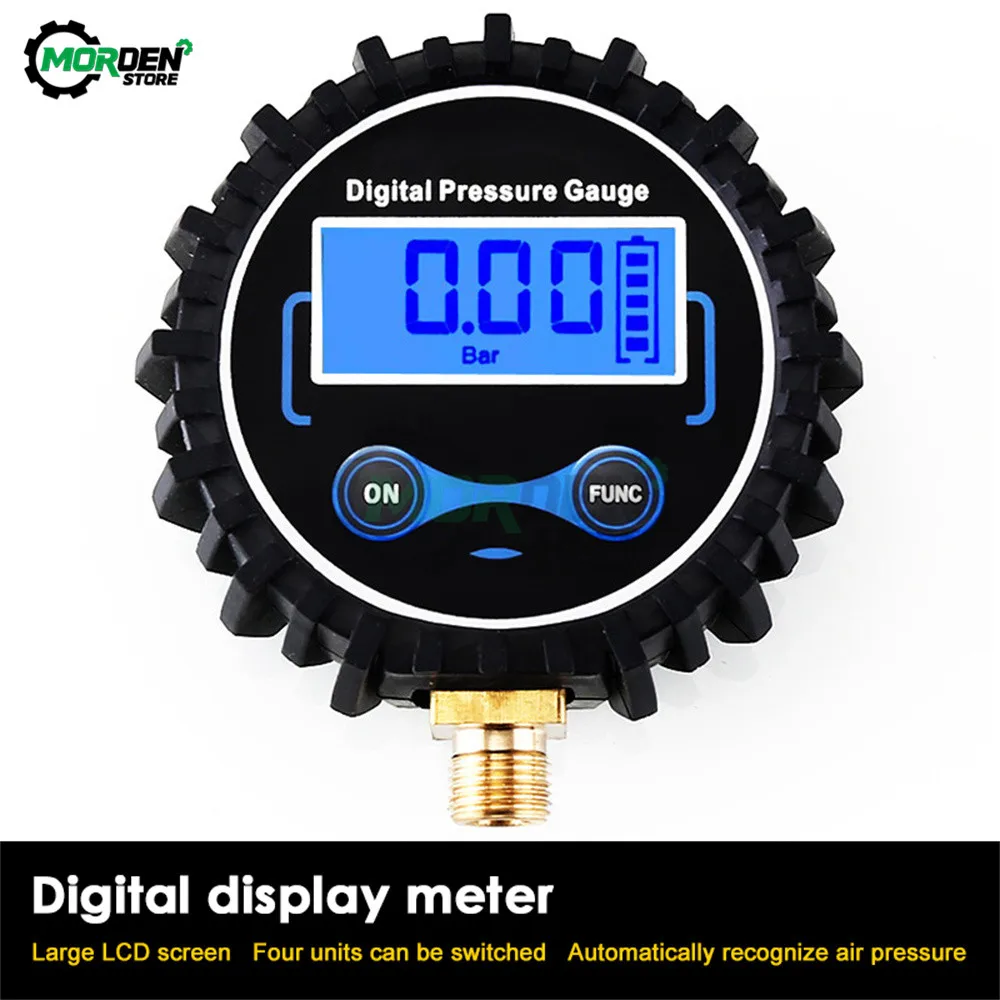 New 0-200PSI Digital Tire Pressure Gauge Tire Inflator Gauge 200 PSI with 2 Steel Fitting Brass Air Chuck With 4 Valve Caps