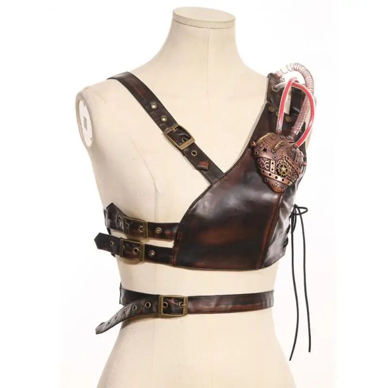

Halloween Cosplay Brown Faux Leather Heart Gear decorated Metal Shoulder Strap Chest Buckle Steampunk Vest Medieval Retro Props