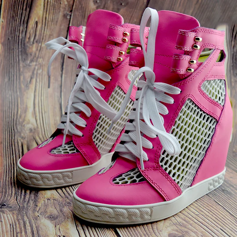 

Женские повседневные кроссовки-ботинки на шнуровке с вырезами из сетки и узором аргайл, увеличивающие рост на 80 мм, в ярких цветах: красный, желтый, розовый