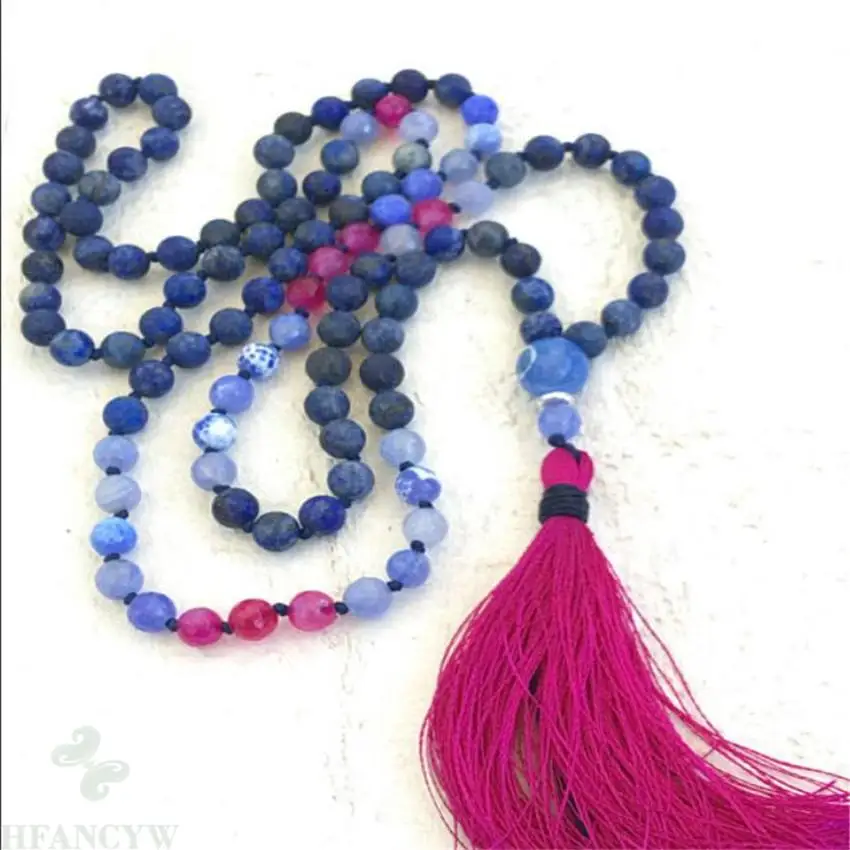 6mm Lazuli Aquamarine Gemstone 108 Beads Mala Necklace men Buddhist Sutra cuff Lucky Wrist Unisex Tassel Prayer Yoga