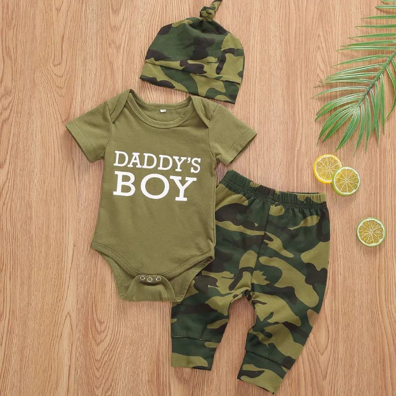 Baby Summer Clothing Baby Girls Boys Clothes Set Camouflage Short Sleeve Letter Printed Bodysuit Tops + Pants + Hat/Headband