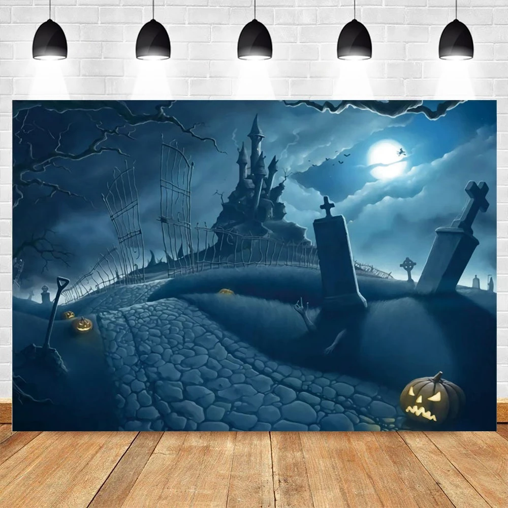 

Yeele Halloween Background Stone Road Moon Castle Tombstone Pumpkin Lantern Backdrop Photography Photo Studio Photophone