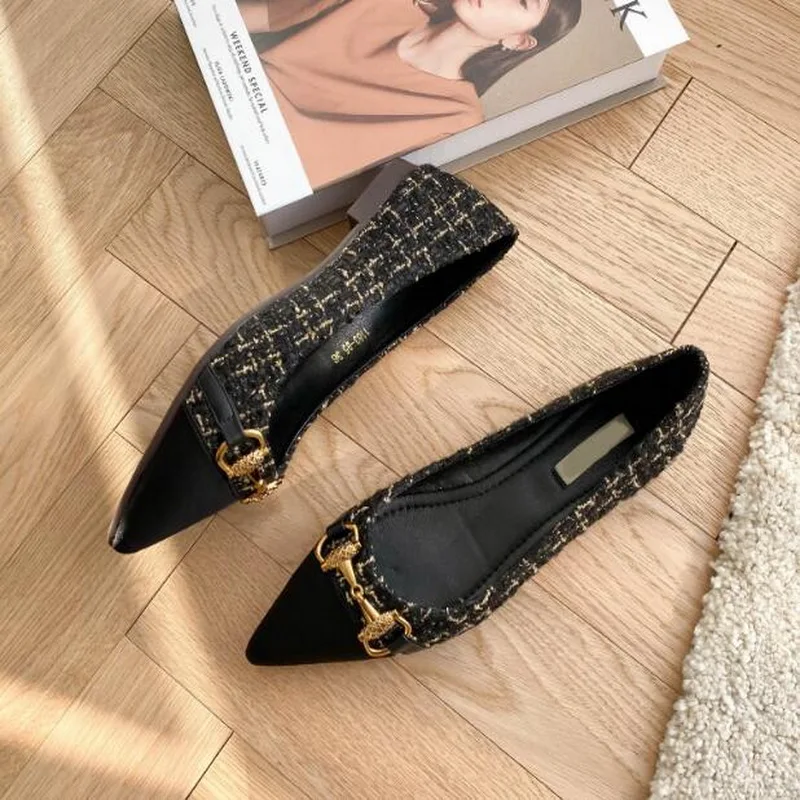 Spring Autumn Korean Version Woolen cloth Pointed Flat Mouth Flat Shoes Women Low Heel Black Single Shoe Women Plus Size 46