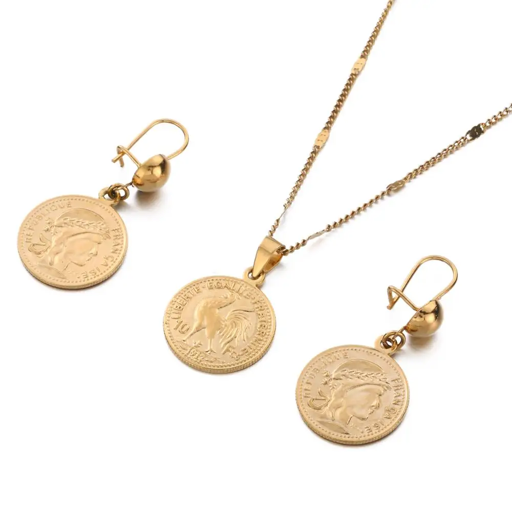 Gold Color Coin Pendant Necklaces France Lecoqgaulois Old French Trendy Coin Jewelry Sets