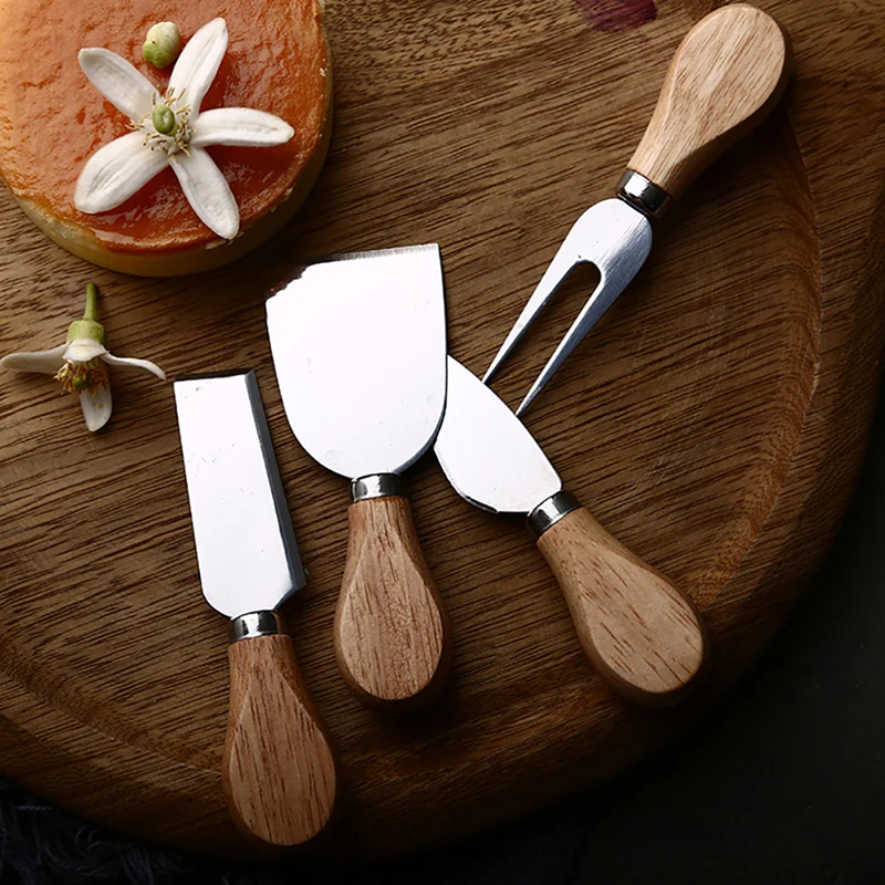 4 Cheese Knives Set Cheese Cutlery Steel Stainless Cheese Slicer Cutter Wood Handle Mini Knife,Butter Knife,Spatula& ForK